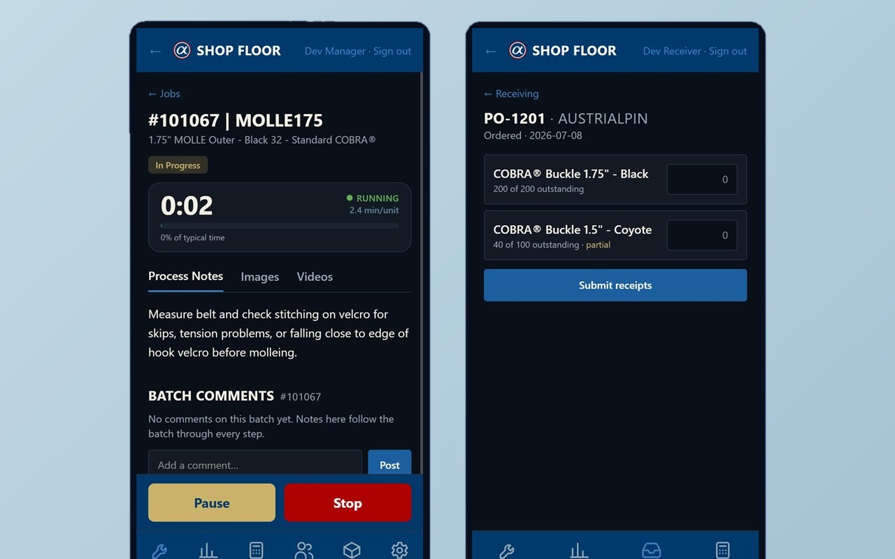 Blue Alpha Shop Floor app on two phones: a running job with timer and process notes, and a purchase order being received