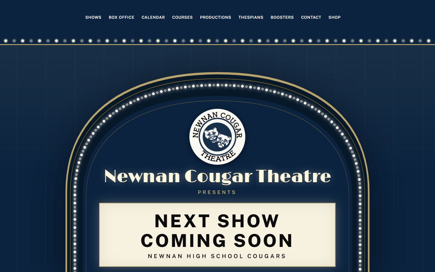 Newnan Cougar Theatre website with a lit theatre marquee